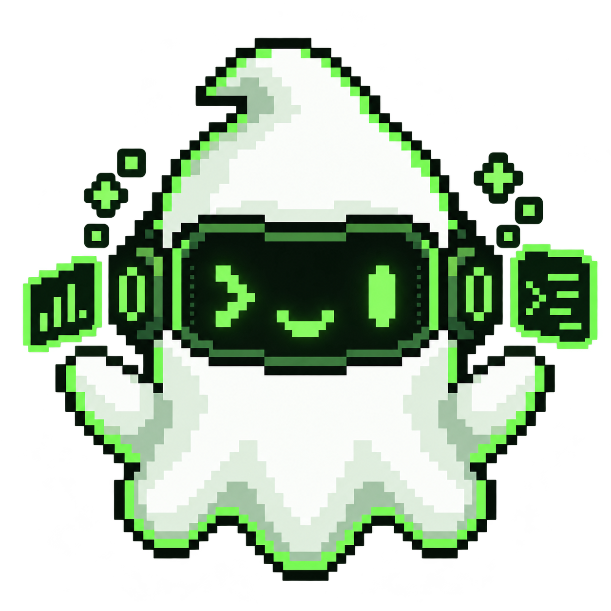 Ghost Ops pixel ghost with green terminal face and floating panels